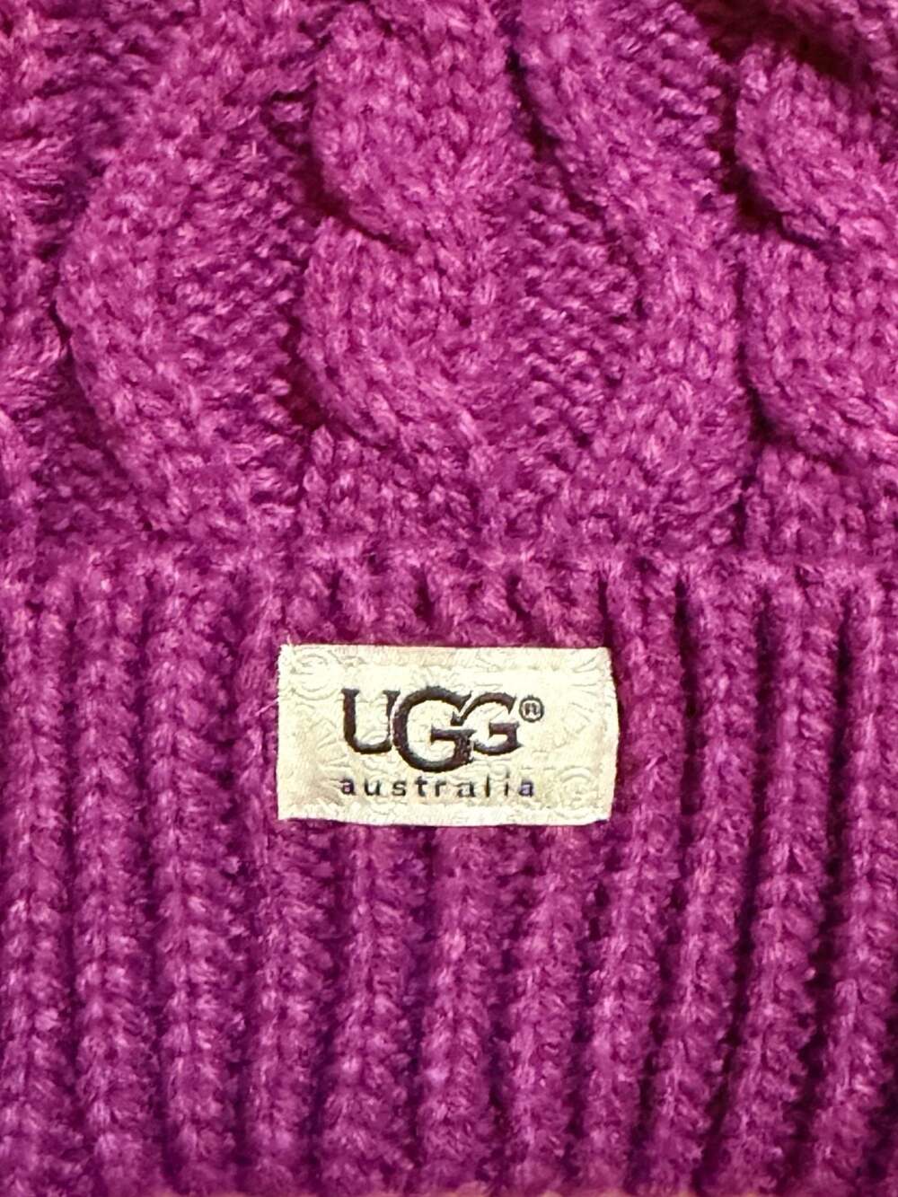UGG Australia Purple Cable Knit Beanie Hat with Faux Fur Pom Pom